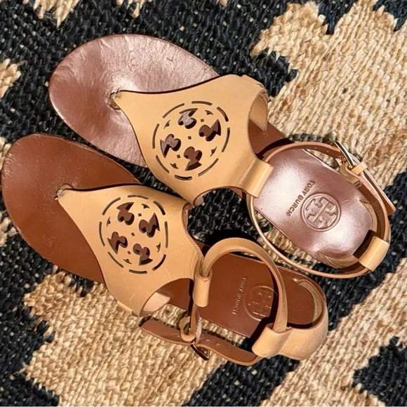 Tory Burch Zoey Tan Wedge Heel Sandals with Ankle Straps Size 7.5 - Picture 3 of 9